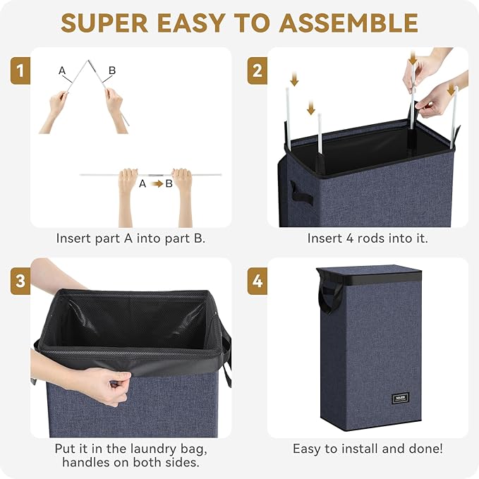 SOLEDI Slim Laundry Hamper with Lid, Narrow Laundry Basket with Removable Bags, Dirty Clothes Hamper with handle, Small Hamper perfect for Laundry room, Bathroom, Bedroom, Small spaces. 70L Navy Blue