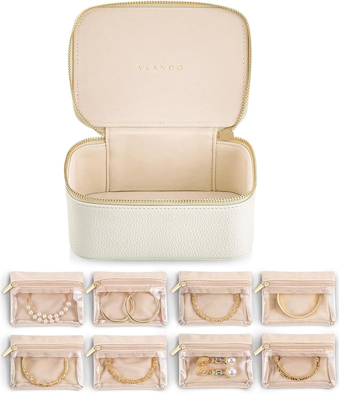Vlando Travel Jewelry Case with 8 Velvet Jewelry Bags Jewelry Travel Organizer Box for Girls Jewelry Box for Rings Earrings Christmas Anniversary Birthday Gifts for Women (White)