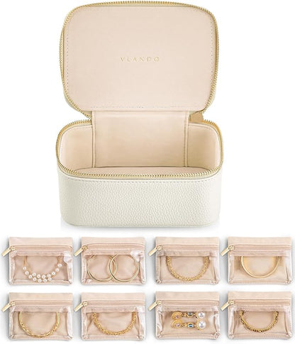 Vlando Travel Jewelry Case with 8 Velvet Jewelry Bags Jewelry Travel Organizer Box for Girls Jewelry Box for Rings Earrings Christmas Anniversary Birthday Gifts for Women (White)