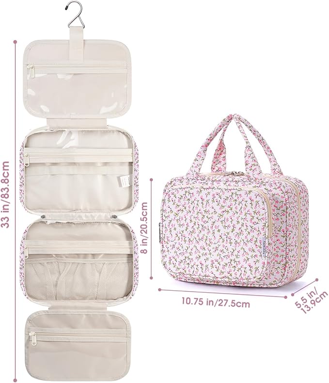 Narwey Hanging Toiletry Bag for Women Travel Makeup Bag Organizer Toiletries Bag for Travel Size Essentials Accessories Cosmetics (Green Leaves and Flower (Medium))