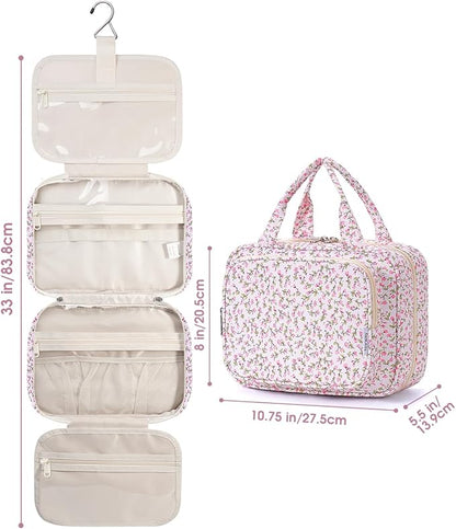 Narwey Hanging Toiletry Bag for Women Travel Makeup Bag Organizer Toiletries Bag for Travel Size Essentials Accessories Cosmetics (Green Leaves and Flower (Medium))