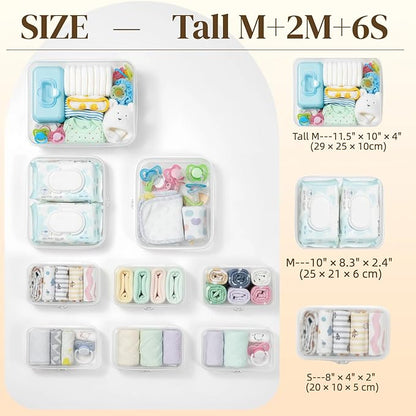 9 pcs Zipper Pouches Nesting Set, Hard Shell Toiletry Bag, Stackable Travel Organizer, Cosmetic Bags, Transparent Diaper Bag, Storage Cases (1 Tall M + 2M + 6S)