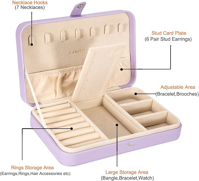 LANDICI Small Jewelry Box for Women Girls, PU Leather Travel Jewelry Case, Portable Jewelry Organizer Storage Holder Display for Ring Earrings Necklace Bracelet Bangle Men Kids Gift, Lavender