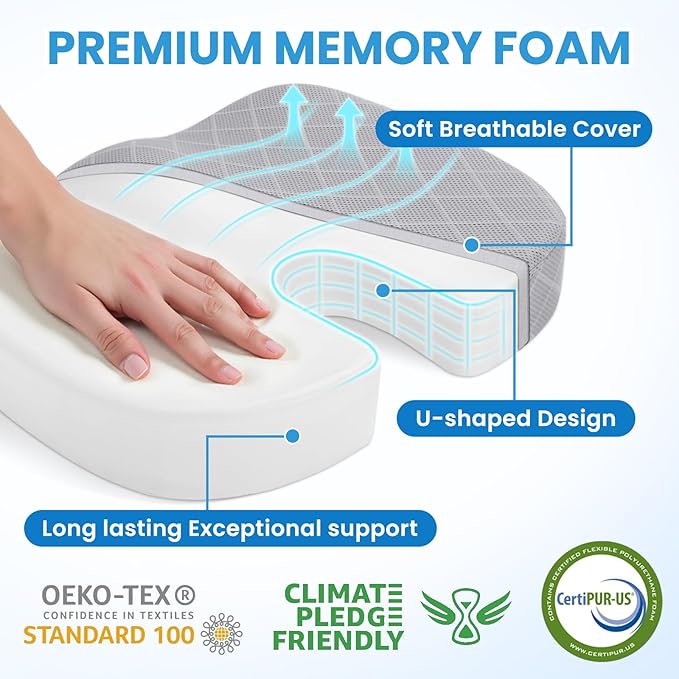 TushGuard Office/Car Seat Cushion, Non-Slip Sciatica & Back Coccyx Tailbone Pain Relief Chair Pad, Memory Foam Butt Pillow for Computer Desk, Wheelchair, Driving (Light Grey, XX-Large)