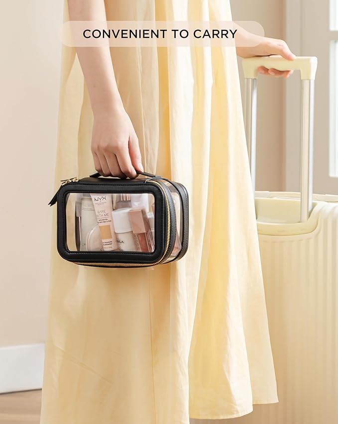 HBlife Clear Makeup Organizer, Portable Travel Toiletry Cosmetic Case for Women, Medium Make Up Train Case Transparent Storage Pouch with Handle(Black)