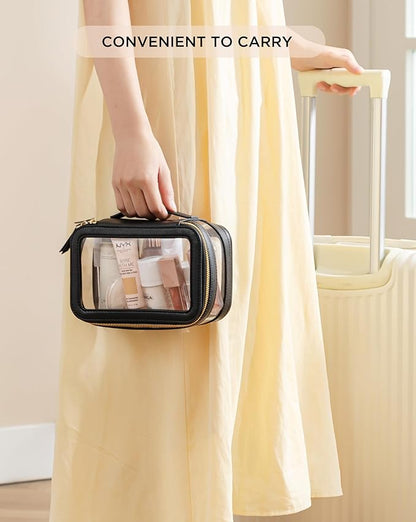 HBlife Clear Makeup Organizer, Portable Travel Toiletry Cosmetic Case for Women, Medium Make Up Train Case Transparent Storage Pouch with Handle(Black)