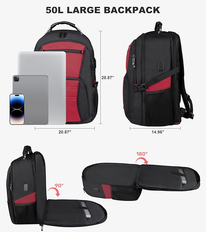 50L Extra Large Backpack,Laptop Backpack, Travel Backpack for Men, Big Backpack, Water Resistant School Approved Business Work Computer Heavy Duty Bag with USB Port, Fits 17 Inch Laptop, Red