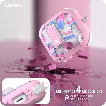 WENEW Case for AirPods 4th Case Cover Secure Lock Automatic Snap Switch Clip Cleaner Kit Lanyard Women Stylish Flower Armour Hard Shell Full Body Front LED Visible (Pink Universe, AirPods 4th)