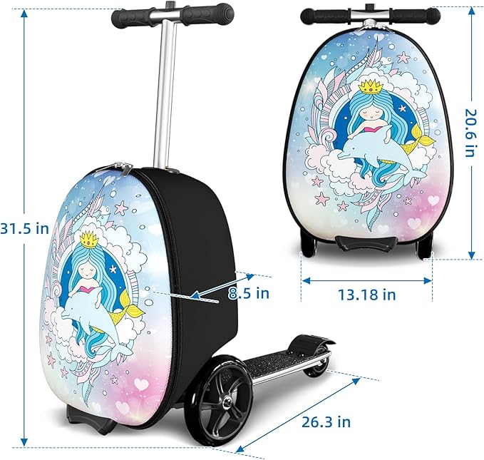Scooter Suitcase for Kids, 2 in 1 Ride-on Luggage with Flash PU Wheels, Adjustable Handle & TPR Non-Slip Grip, Foldable & Lightweight, Ages 5-12