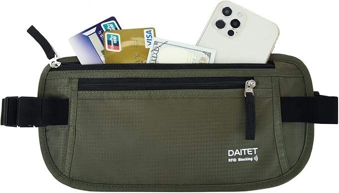 RFID Blocking Money Belt for Men Women, Slim Fanny Pack for Travel，Running,Conceal Waist Wallet for Passport Holder,Phone,Cash(Dark Olive Green)