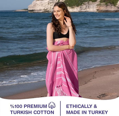 Turkish Beach Towels, Pack of 2 | Oversized, Quick Dry, Sand Free | 100% Cotton, Large 38x71 Towels for Beach, Pool, Travel | Ultra-Soft, Compact, and Absorbent | Fuchsia