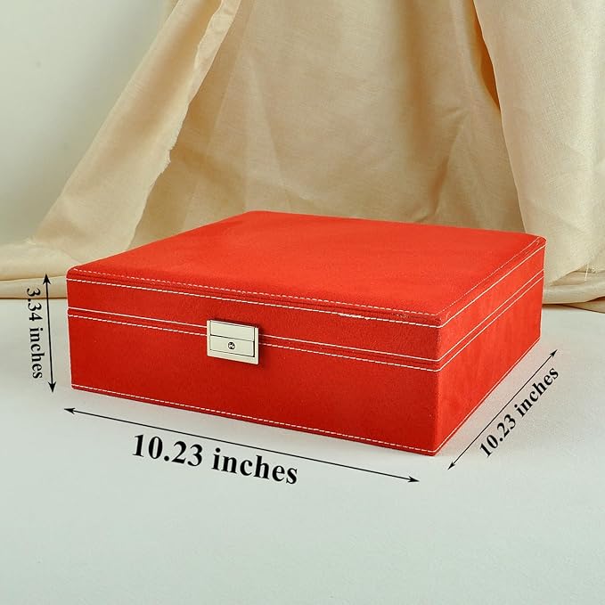 Jewelry Boxes 10 x 10 Inches 2-layer Handle Necklace Holder Organizer Jewellery Women Rings Storage Display Girls Earrings Case Lockable Jewelry Tray GY641 (Red)