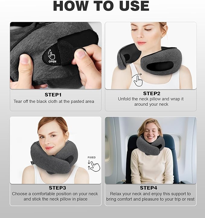 Travel Neck Pillow, Newly Upgraded Hooded Neck Pillow , 100% Pure Memory Foam Travel Pillow for Flight Headrest Sleep,Windproof and heat preservation,Suitable for use in Outdoor/ Plane/Car/Office