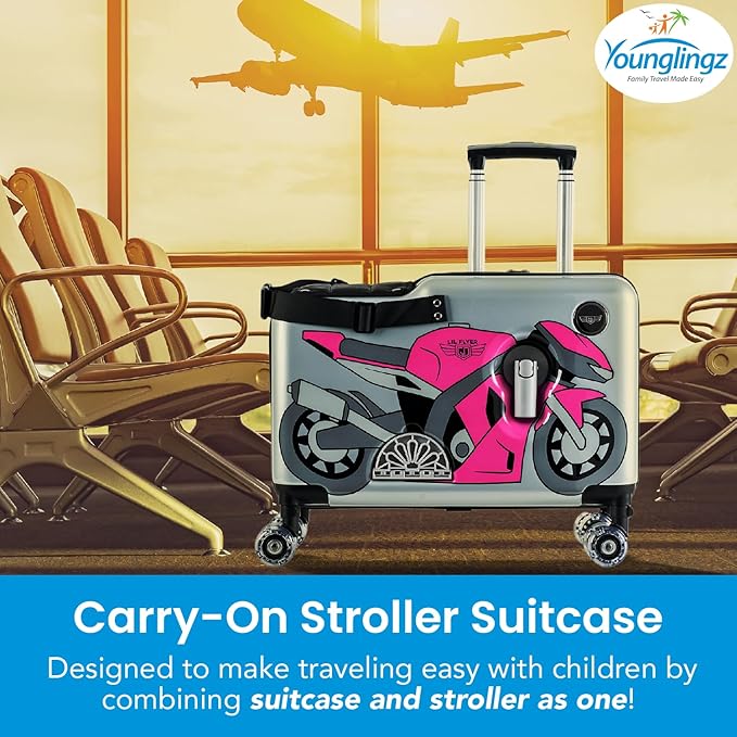 Younglingz LIL FLYER GO Version 2 Ride On Suitcase for Kids | Carry On Luggage with Toddler Seat, Foldable Handlebars, Pedals, and Removable Wheels | Holds up to 80 lbs | Pink Motorcycle | Ages 2-6