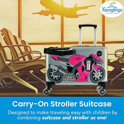 Younglingz LIL FLYER GO Version 2 Ride On Suitcase for Kids | Carry On Luggage with Toddler Seat, Foldable Handlebars, Pedals, and Removable Wheels | Holds up to 80 lbs | Pink Motorcycle | Ages 2-6