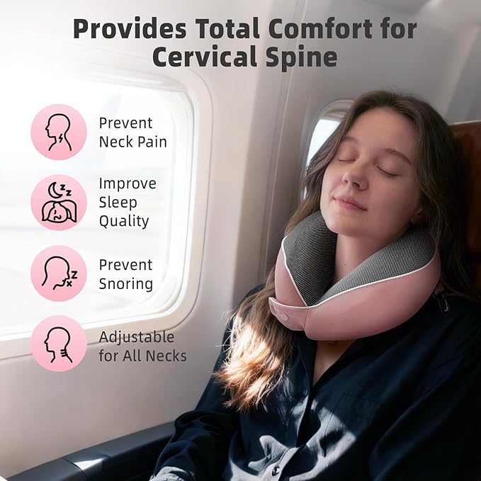 Memory Foam Neck Pillow Travel - Travel Pillows for Airplanes with Round Storage Box, 360° Ergonomic Support for Sleeping on Long Flights, Compact & Portable (Pink)