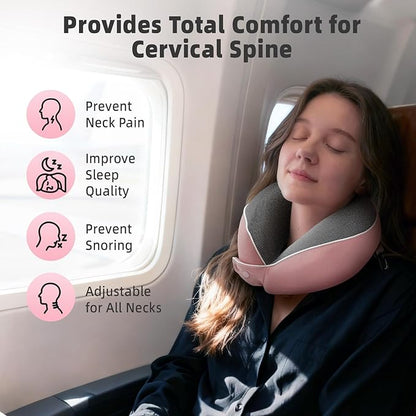 Memory Foam Neck Pillow Travel - Travel Pillows for Airplanes with Round Storage Box, 360° Ergonomic Support for Sleeping on Long Flights, Compact & Portable (Pink)