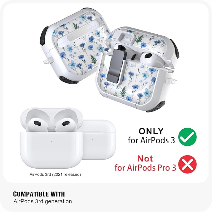 WENEW Case for AirPods 3 Case Cover Secure Lock Automatic Snap Switch Clip Cleaner Kit Lanyard Women Stylish Flower Armour Hard Shell Full Body Front LED Visible (Blue Flower, AirPods 3rd)