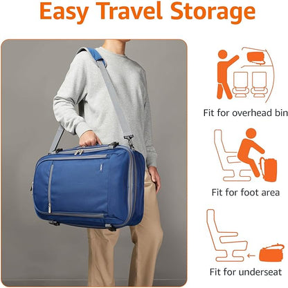 Amazon Basics Travel Backpack, Carry On Backpack, With Laptop Compartment, 40L Capacity, Expandable for 10% Extra Space, Backpack & Shoulder Bag Dual Use, 15.8"W x 21.5"H x 8.3"D, Navy