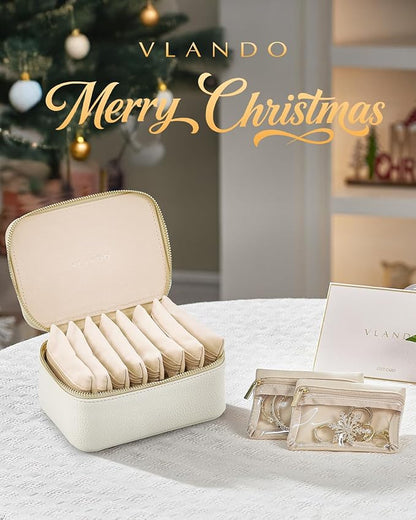 Vlando Gifts for Her,Travel Jewelry Case with 8 Velvet Jewelry Bags Jewelry Travel Organizer Box for Girls Jewelry Box for Rings Earrings Brides Gifts Birthday Gifts for Women Teen(White)