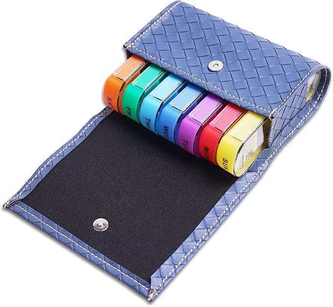 Pill Organizer,LIZIMANDU Weekly Travel Pill Case Box Medication Reminder Daily AM PM, Day Night 7 Compartments,for 4 Times A Day, 7 Days a Week-Includes Leather PU Carrying Case(1-Weave Blue)
