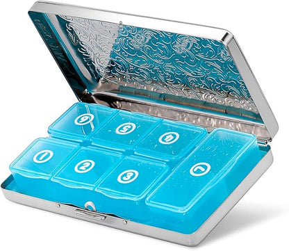 Pill Organizer, Pill Box 7 Day/Metal Travel Pill Case, BPA Free. (Silver)