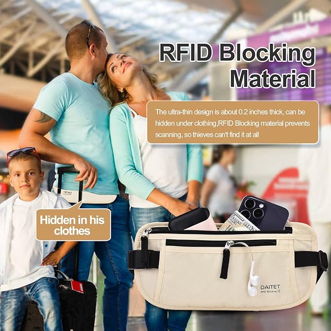 RFID Blocking Money Belt for Men Women, Slim Fanny Pack for Travel，Running,Conceal Waist Wallet for Passport Holder,Phone,Cash(Cream White)