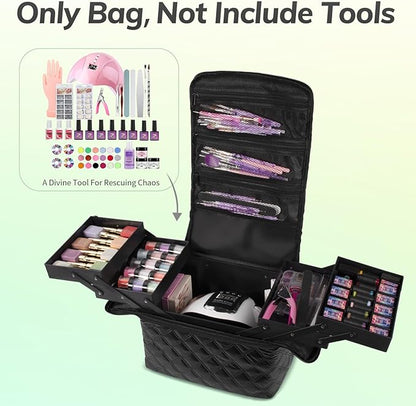 Deciniee Travel Makeup Bag, 4 Trays Large Cosmetic Bag for Woman with Adjustable Dividers, Organizer Bag Waterproof, Travel Essentials Cosmetic Bag, Train Case for Nail Tech Black