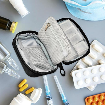 Fustylead Bee Happy Pill Organizer Case Zipper for Purse with Removable Weekly Pill Box for Medicine, Vitamin, Supplement Medicine Organizer