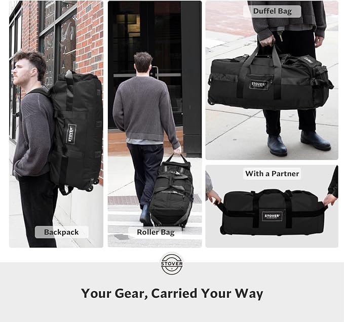 STOVER 100L Rolling Duffel Bag with Wheels, X-Large Durable Travel Duffle + Toiletry Bag, Heavy Duty, Packable with Shoulder Straps- Use as Luggage or Backpack, Men/Women (Black)
