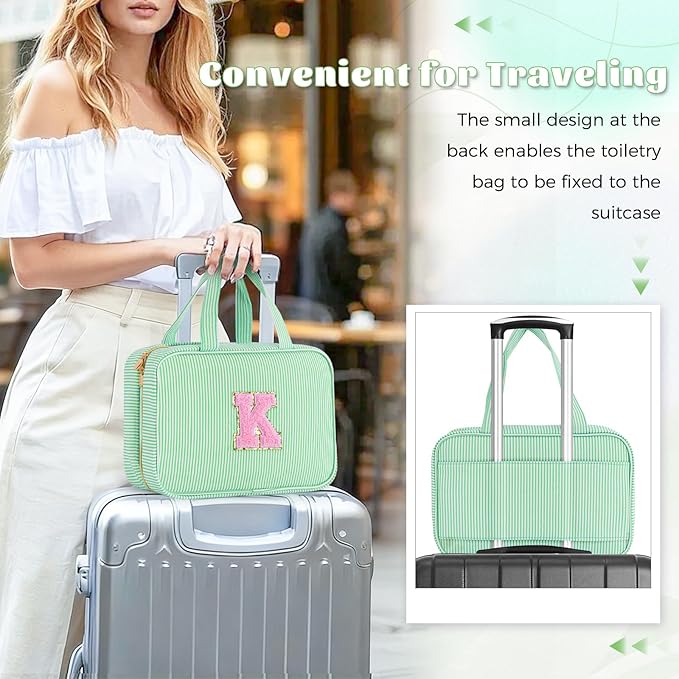 Teen Girl Gifts Trendy Stuff | Cute Toiletry Makeup Bag for Girls - Cosmetic Bags for Women | Initial Make Up Bag | Personalized Gifts for Women Friends | Skin Care Bag - Green K