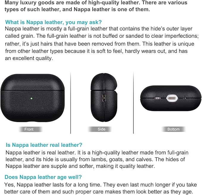 Case Compatible with AirPods Pro (2nd Generation), Lopie Handmade AirPods Pro 2 Leather Case Cover, Protective Hard Case Fully-Wrapped with Top Grain Leather (Not for AirPods Pro 1st Gen) - Black