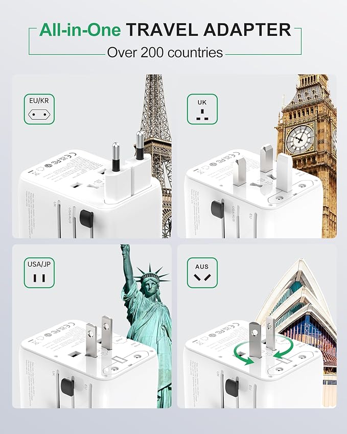 Universal Travel Plug Adapter,5-Port PD&QC Fast Charging Power Adapter(2AC&USB-A&2USB-C),Worldwide Outlet Wall Charger for USA/EU/UK/AUS Over 200 Countries-Type C/A/G/I