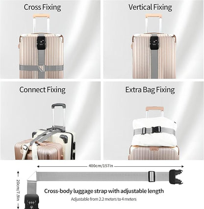 Luggage Straps, Silver TSA Approved Cross Luggage Strap Belt with Combination Lock for Suitcases, 1 Pack Adjustable Heavy Duty Cross Style Suitcase Straps with Name Tags for Travel