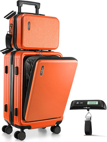 TRAVELARIM 22 Inch Carry On Luggage 22x14x9 Airline Approved, Small Carry On Suitcase, Hard-shell Carry-on Luggage with Wheels, Durable Orange Luggage Carry-On with Cosmetic Case and Luggage Scale