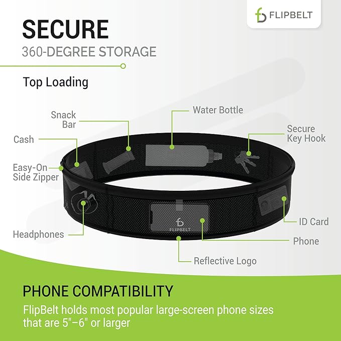 FlipBelt Lightweight Running Air Belt, Fitness and Running Fanny Pack for Women and Men, Non Chafing Waist Band Pack for Phone, Keys, Money, Moisture Wicking Storage Belt, USA Company