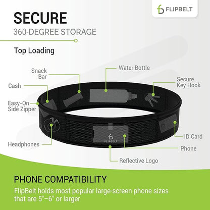 FlipBelt Lightweight Running Air Belt, Fitness and Running Fanny Pack for Women and Men, Non Chafing Waist Band Pack for Phone, Keys, Money, Moisture Wicking Storage Belt, USA Company