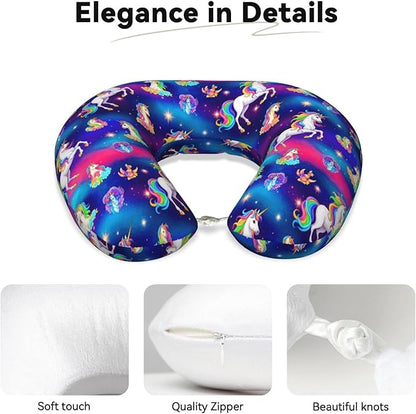 Comfortable Memory Foam Travel Neck Pillow, Funny Chin/Head Cushion Supporting Airplane Car Pillows Rainbow Galaxy Unicorns Space Art for Sleeping Outdoors Travel Office