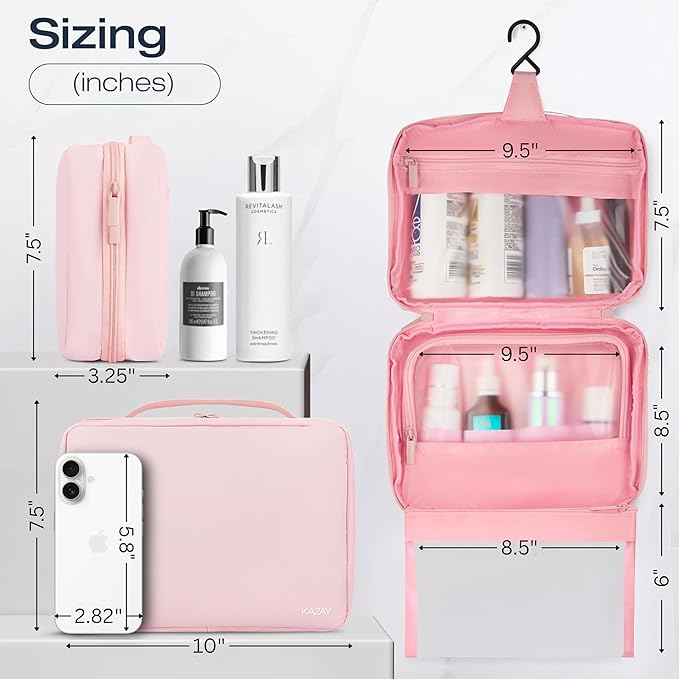 KAZAY Hanging Toiletry Bag with TSA Approved Detachable Pouch, Travel Toiletry Bag, Water Resistant, Premium Nylon, Travel Size Toiletries, Cosmetic Bag, Makeup Bag (Pink)