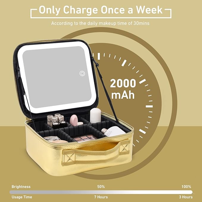 Makeup Case with Mirror and Lights, Travel Makeup Bag with Light up Mirror, Partitionable Cosmetic Bag with 3 Color Lights, Make up Organizer with Adjustable Dividers Large Brush Board