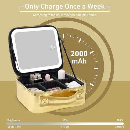 Makeup Case with Mirror and Lights, Travel Makeup Bag with Light up Mirror, Partitionable Cosmetic Bag with 3 Color Lights, Make up Organizer with Adjustable Dividers Large Brush Board