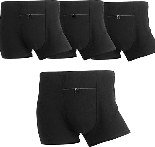 LUEXBOX Pocket Underwear for Men with A Secret Hidden Pocket, Travel Boxer Briefs, 4 Packs (Black)