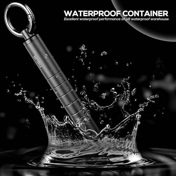 TISUR Small Metal Pill Organizer, Titanium Keychain Pill Holder Travel Pill Box Case Multitool EDC Every Day Carry for Men (Black Titanium)