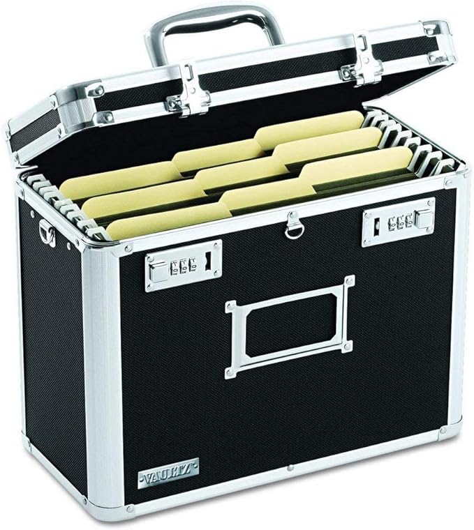 Vaultz File Organizer Storage Box - 14 x 7 x 12.19 Inch Letter Size, Portable Locking Storage Totes with Dual Combination Locks for Filing Office Documents - Black