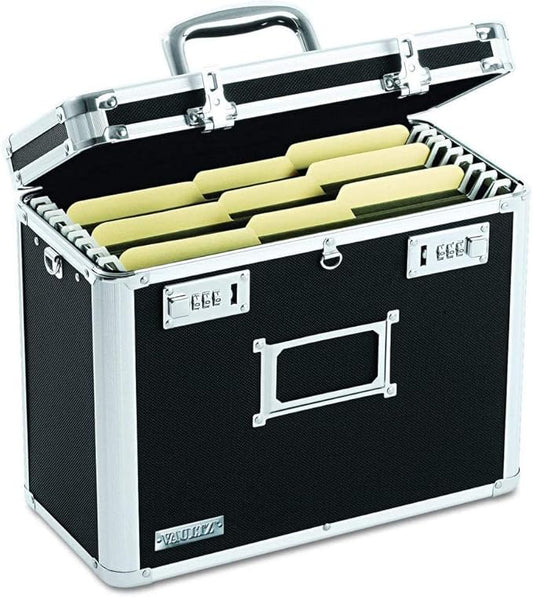 Vaultz File Organizer Storage Box - 14 x 7 x 12.19 Inch Letter Size, Portable Locking Storage Totes with Dual Combination Locks for Filing Office Documents - Black