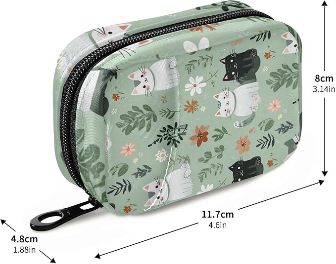 Pill Organizer Box Case Weekly Travel Pill Container Holder 7Day Cute Vitamin Organizer Dispenser Sorter Planner Storage Small Compact Mint Green Floral and Cute Cats07