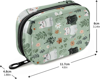 Pill Organizer Box Case Weekly Travel Pill Container Holder 7Day Cute Vitamin Organizer Dispenser Sorter Planner Storage Small Compact Mint Green Floral and Cute Cats07