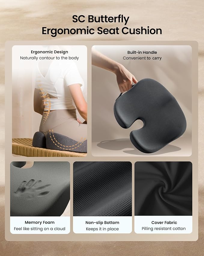 ProtoArc Seat Cushion, Office Chair Cushion for Sciatica, Coccyx Cushion, Ergonomic Memory Foam Seat Cushion for Car, Home, Pressure Relief Pad for Hip, Tailbone, All Day Comfort - Dark Gray