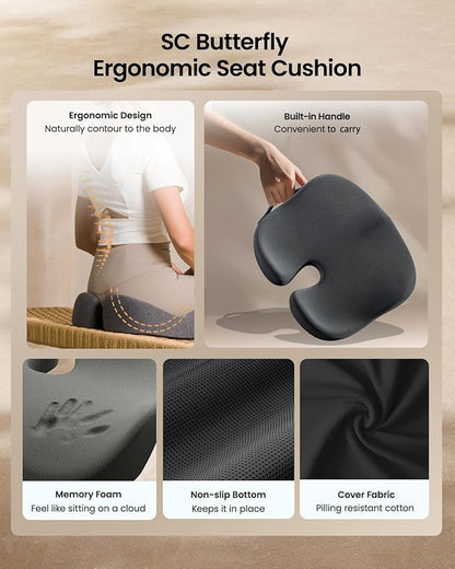 ProtoArc Seat Cushion, Office Chair Cushion for Sciatica, Coccyx Cushion, Ergonomic Memory Foam Seat Cushion for Car, Home, Pressure Relief Pad for Hip, Tailbone, All Day Comfort - Dark Gray