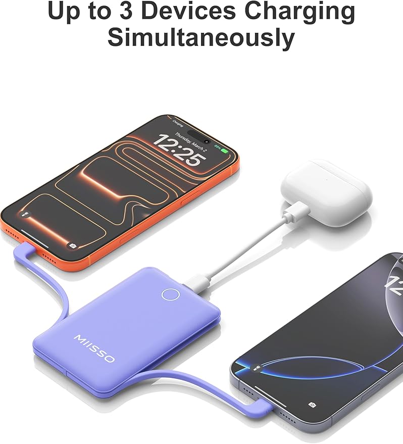 10000mAh Compatible with iPhone 15/16/17 and Android, Slim Portable Charger with Built in Cable, Power Bank Travel Charger External Battery Pack for Phone, 3 Output USB Type C, 2 Pack White & Purple